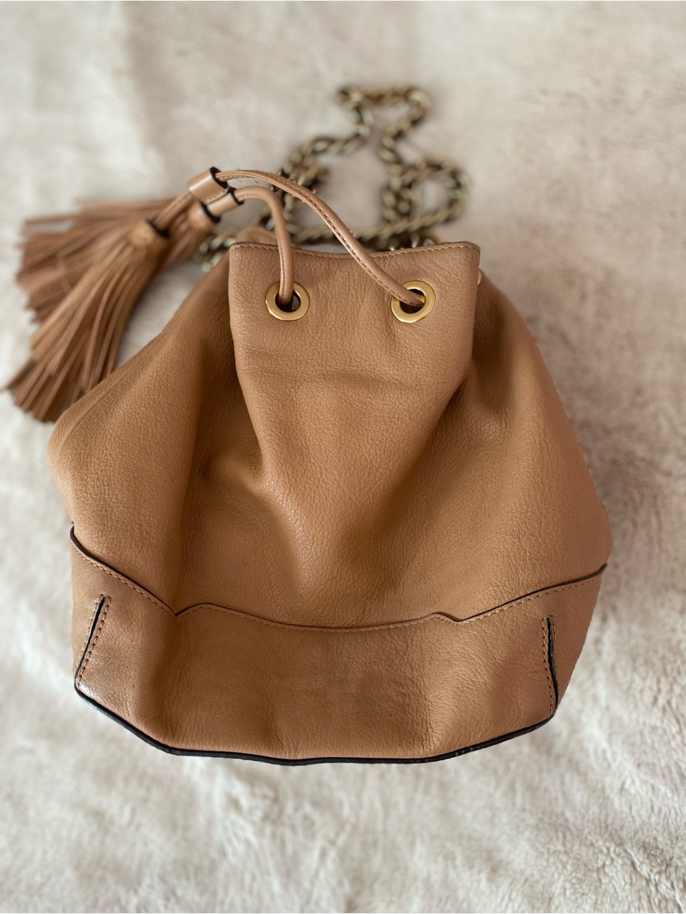 Rebecca Minkoff Lexi bucket crossbody leather tan bag